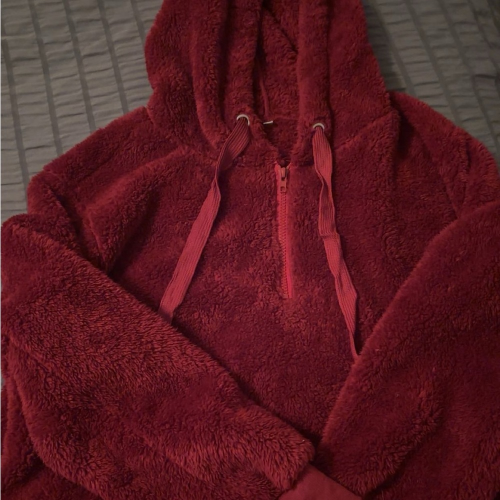 Red fuzzy hoodie half zip